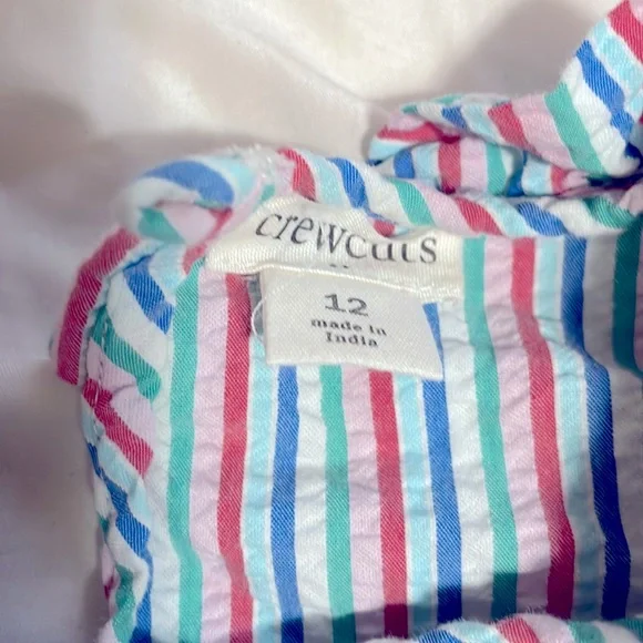 Red blue green white pinstriped ruffled girls youth 8-12 (M) short sleeved shirt - Picture 2 of 4